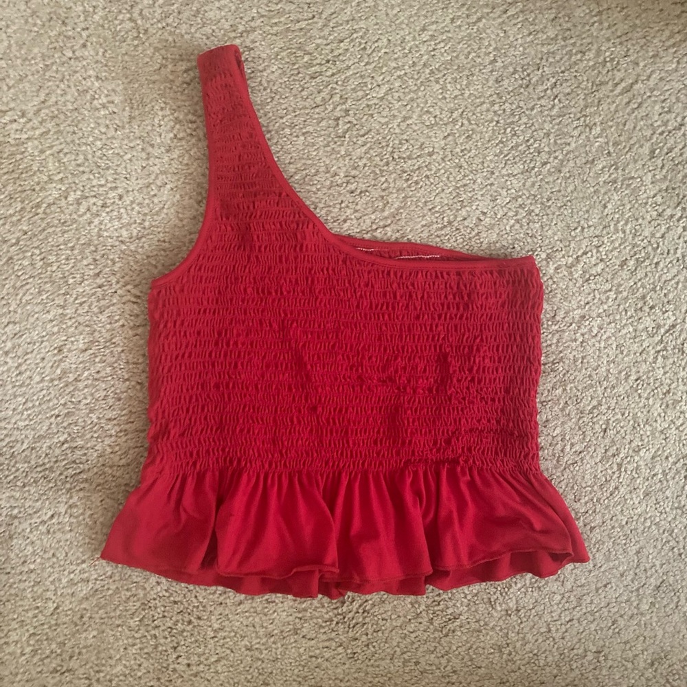 Red one shoulder ruffled tube top